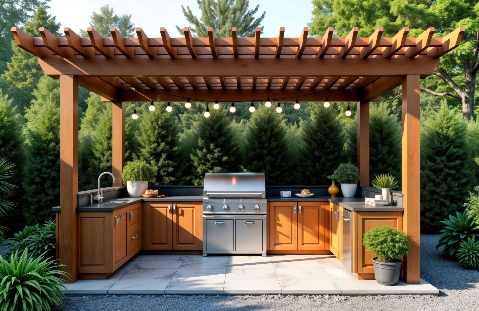 Moderne Aussenküche mit Pergola und Grill im Garten