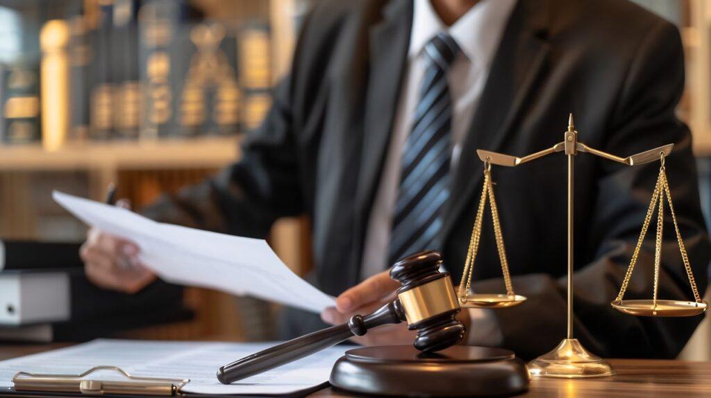 anwalt mit akten hammer und justizwaage – pflichtverteidiger neuss bei schwerer anklage