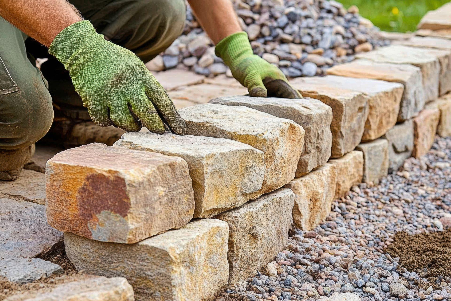 Verlegung von Natursteinplatten als Trockenmauer