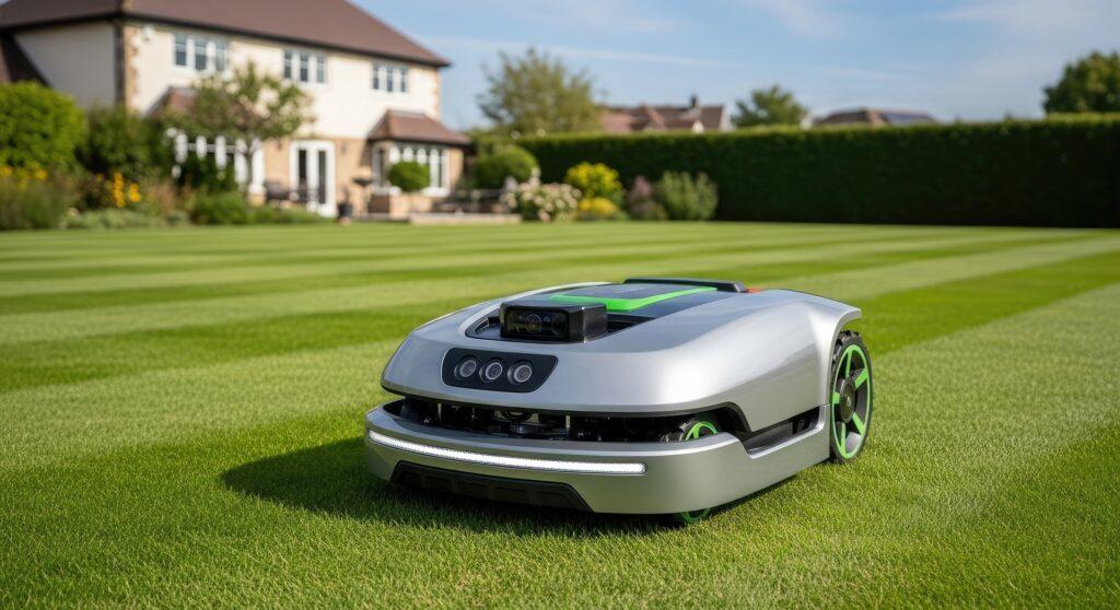 Moderner Mähroboter fährt über frisch gemähten Gartenrasen | Poolschlauch